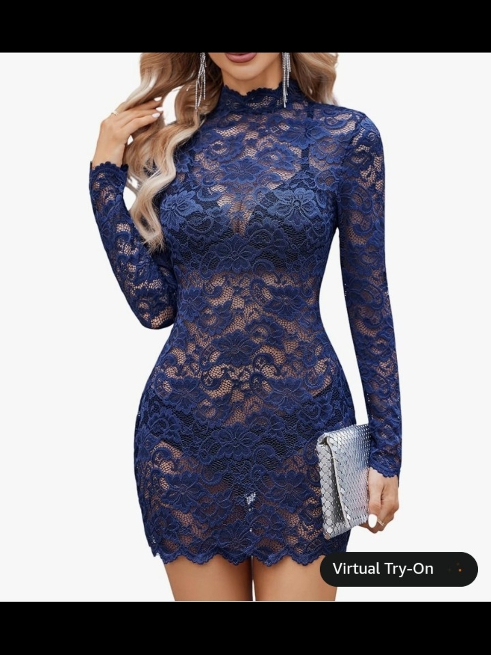 Navy Lace Long-Sleeve Bodycon Dress